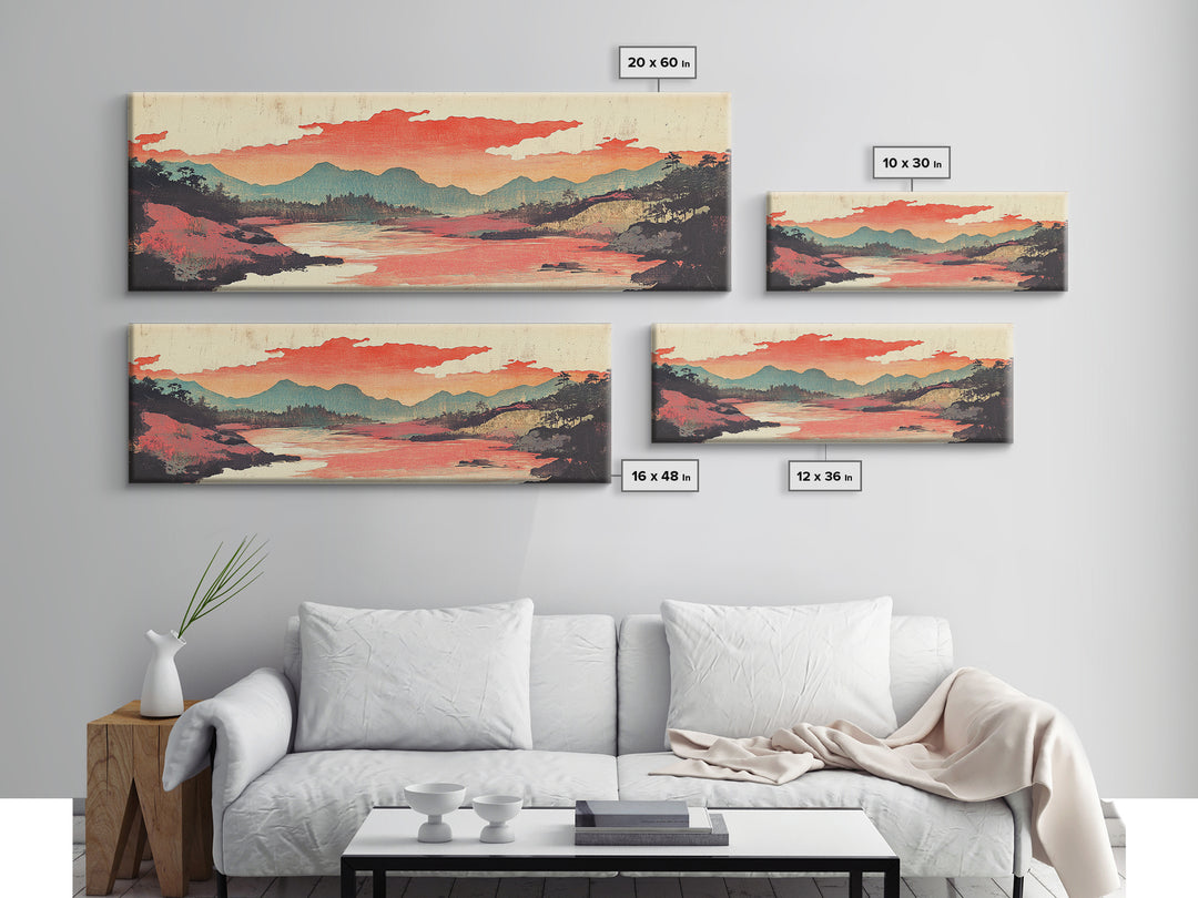 Coral Sky River Valley Wall Art, Japanese Mountain Landscape Print, Long Horizontal Canvas, Modern Living Room Decor, Home Decor