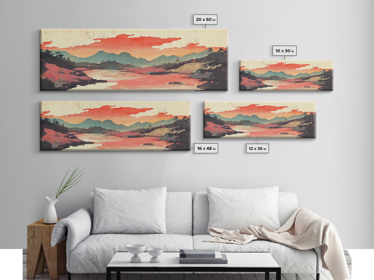 Coral Sky River Valley Wall Art, Japanese Mountain Landscape Print, Long Horizontal Canvas, Modern Living Room Decor, Home Decor