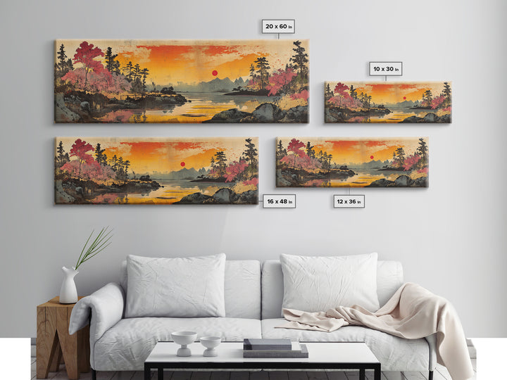 Orange Sunset Lake Wall Art, Cherry Blossom Landscape Canvas Print, Japanese Nature Decor, Panoramic Living Room Art Print