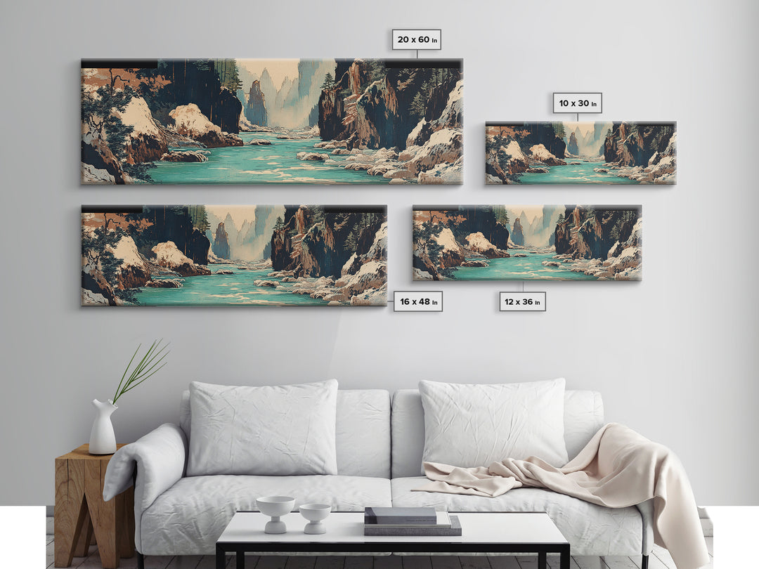 Snowy Canyon River Wall Art, Turquoise Mountain Gorge Canvas Print, Japanese Landscape Decor, Large Horizontal Artwork Print