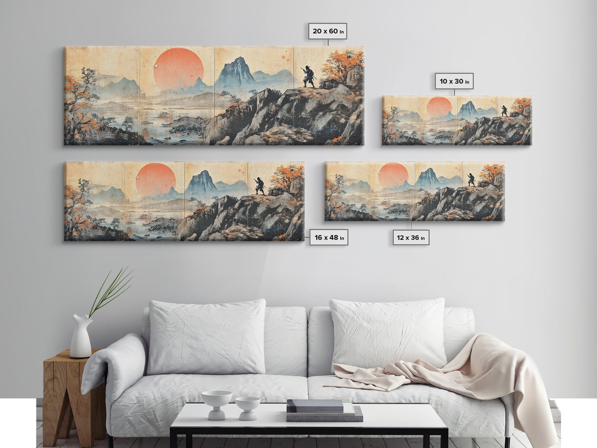 Samurai Mountain Sunset Wall Art, Japanese Landscape Triptych Canvas Print, Asian Wall Decor, Panoramic Living Room Art Print