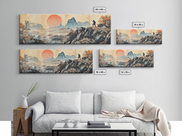 Samurai Mountain Sunset Wall Art, Japanese Landscape Triptych Canvas Print, Asian Wall Decor, Panoramic Living Room Art Print