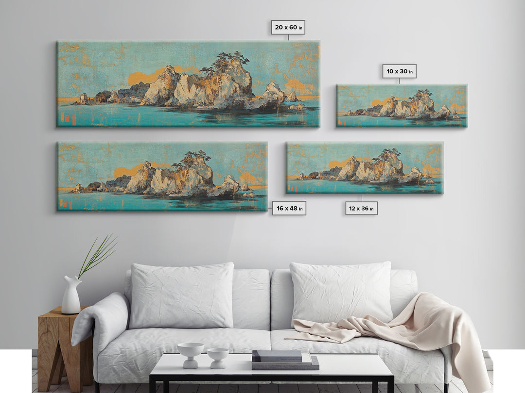 Turquoise Island Seascape With Rocky Pines, Japanese Wall Art, Coastal Landscape Print, Panoramic Canvas, Living Room Decor