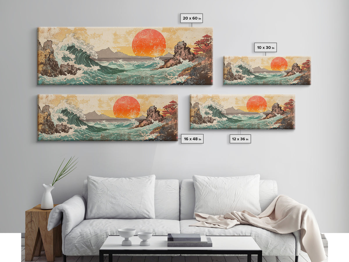 Crashing Wave And Red Sun, Japanese Wall Art, Ocean Seascape Canvas Print, Coastal Wall Decor, Large Living Room Art, Home Decor