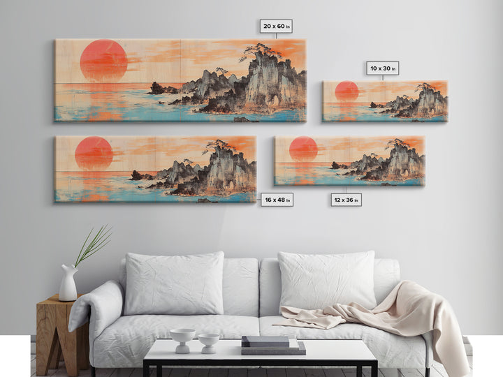 Red Sun Over Ocean Cliffs, Japanese Wall Art, Coastal Seascape Print, Panoramic Canvas, Modern Living Room Decor, Home Decor