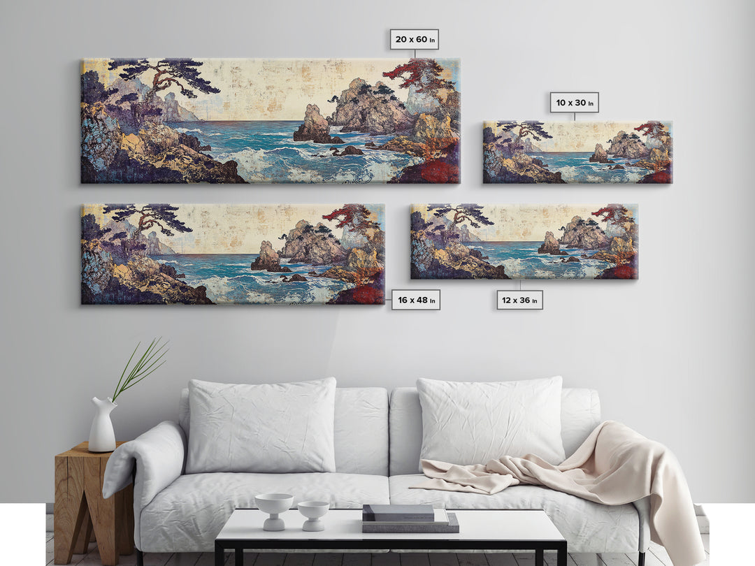 Pine Framed Rocky Cove, Japanese Wall Art, Coastal Seascape Canvas Print, Ocean Wall Decor, Panoramic Living Room Art, Home Decor