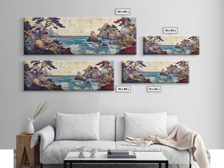 Pine Framed Rocky Cove, Japanese Wall Art, Coastal Seascape Canvas Print, Ocean Wall Decor, Panoramic Living Room Art, Home Decor