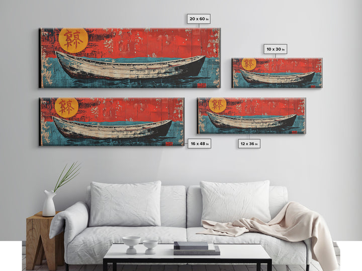 White Fishing Boat On Red Teal Sea, Japanese Wall Art, Nautical Canvas Print, Coastal Wall Decor, Beach House Decor Gift