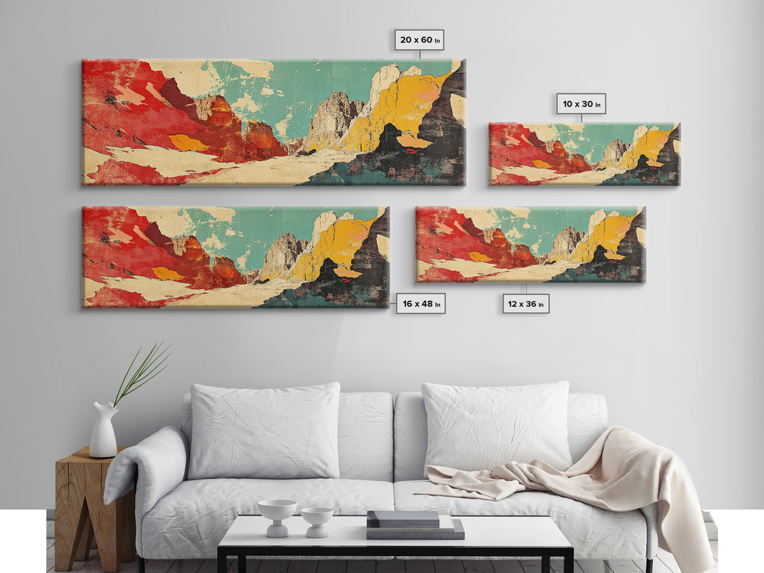 Red Teal Abstract Mountain Landscape Wall Art, Panoramic Canvas Print, Modern Southwestern Decor, Long Horizontal Wall Decor