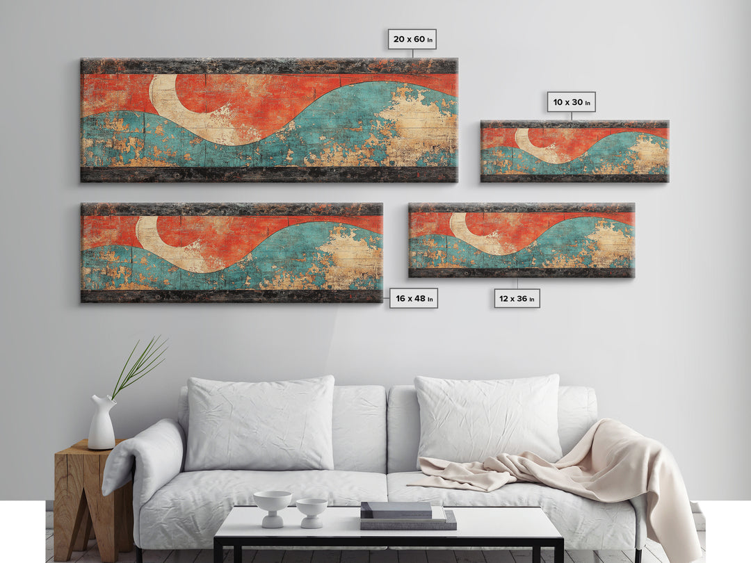 Red Sun And Teal Wave Wall Art, Japanese Coastal Canvas Print, Minimalist Abstract Seascape, Long Horizontal Living Room Wall Decor