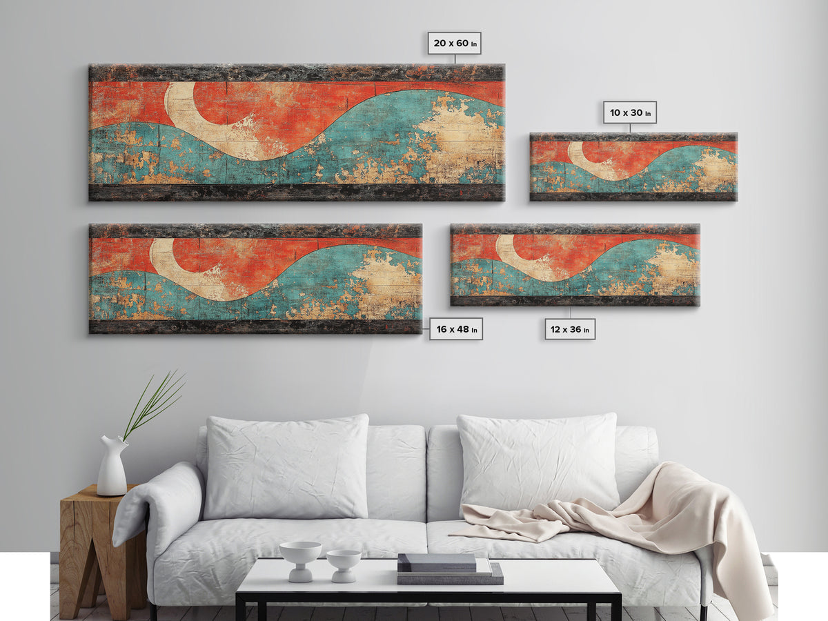 Red Sun And Teal Wave Wall Art, Japanese Coastal Canvas Print, Minimalist Abstract Seascape, Long Horizontal Living Room Wall Decor