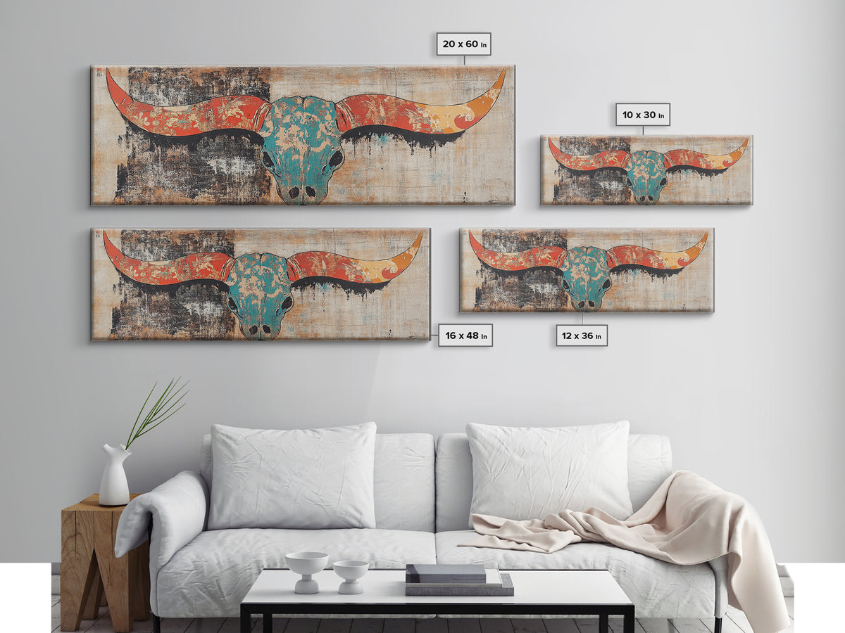 Turquoise Longhorn Skull Wall Art, Western Boho Canvas Print, Southwestern Rustic Decor, Long Horizontal Statement Artwork