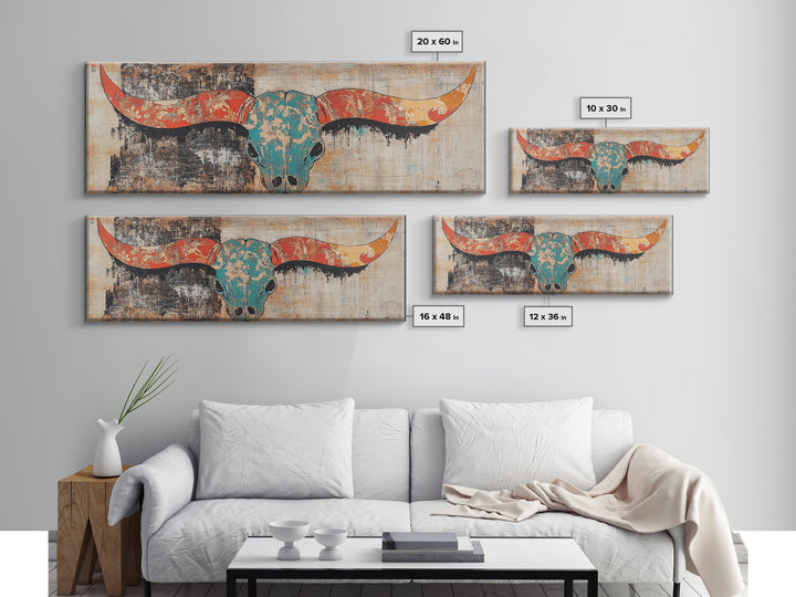 Turquoise Longhorn Skull Wall Art, Western Boho Canvas Print, Southwestern Rustic Decor, Long Horizontal Statement Artwork