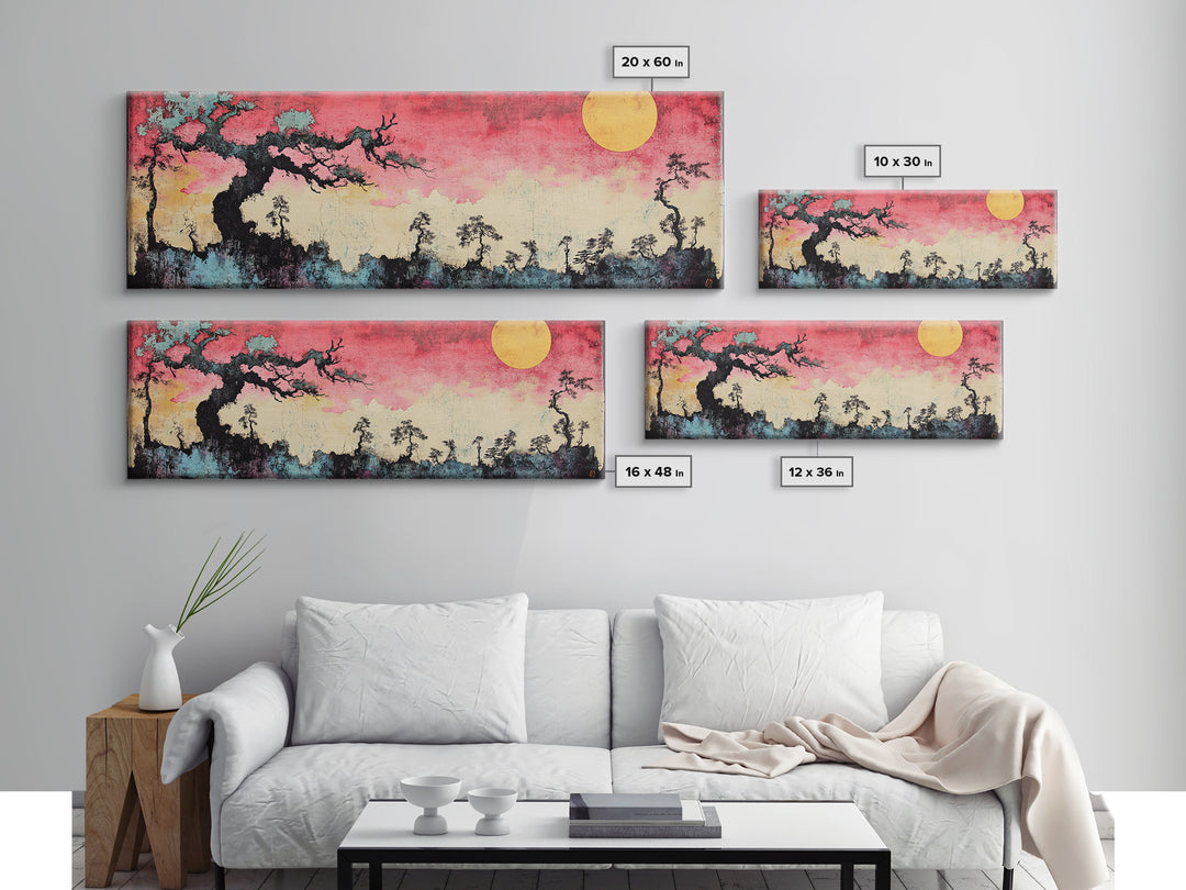 Pink Sunset Moon Tree Landscape Wall Art, Japanese Canvas Print, Dreamy Nature Decor, Long Horizontal Bedroom Wall Decor