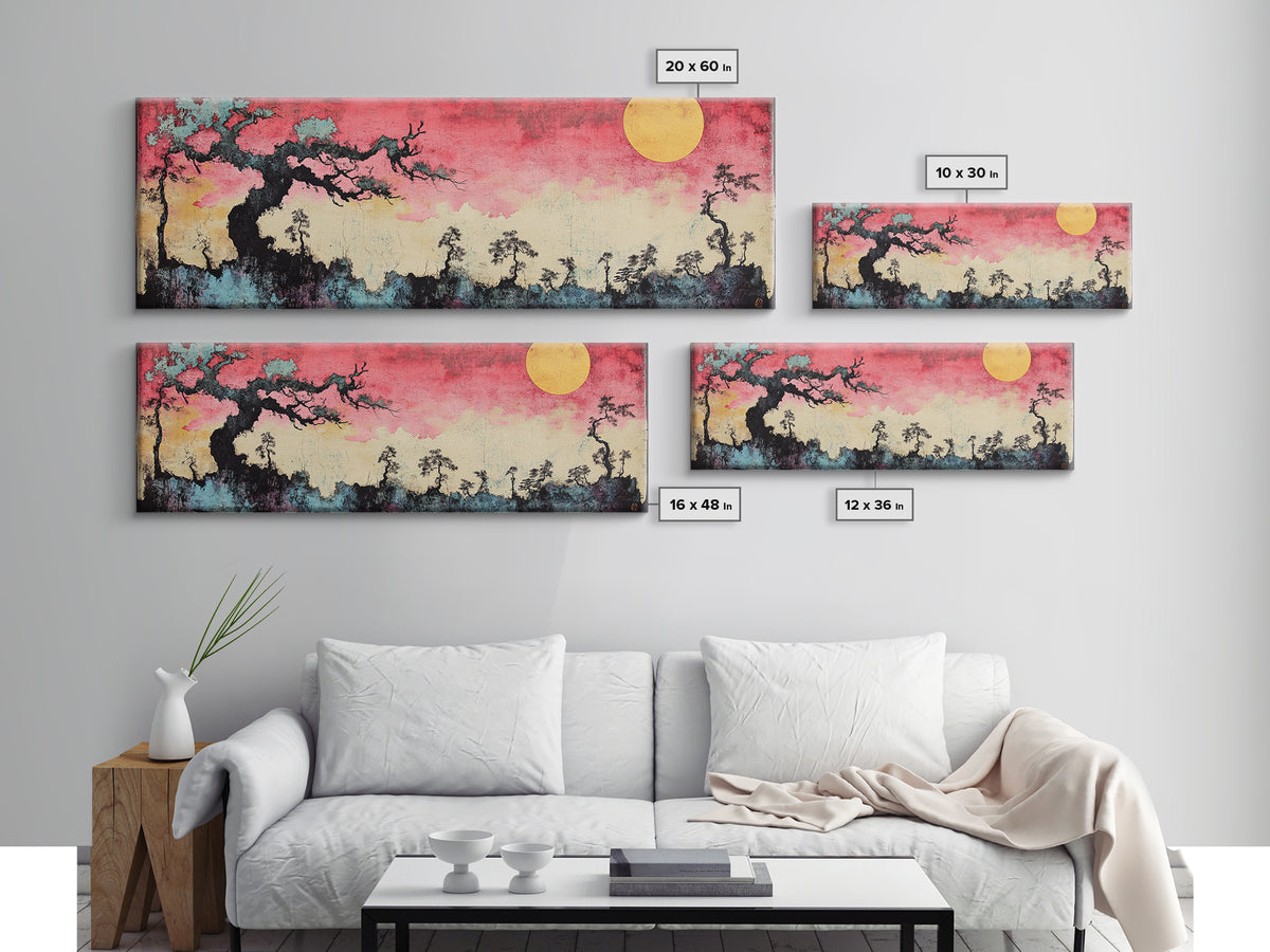 Pink Sunset Moon Tree Landscape Wall Art, Japanese Canvas Print, Dreamy Nature Decor, Long Horizontal Bedroom Wall Decor