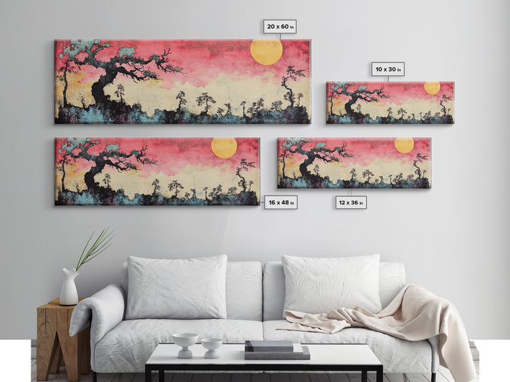 Pink Sunset Moon Tree Landscape Wall Art, Japanese Canvas Print, Dreamy Nature Decor, Long Horizontal Bedroom Wall Decor