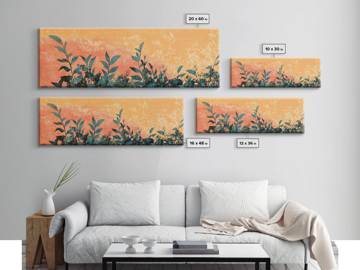 Orange Botanical Silhouette Wall Art, Nature Canvas Print, Boho Botanical Decor, Long Horizontal Living Room Wall Art Decor