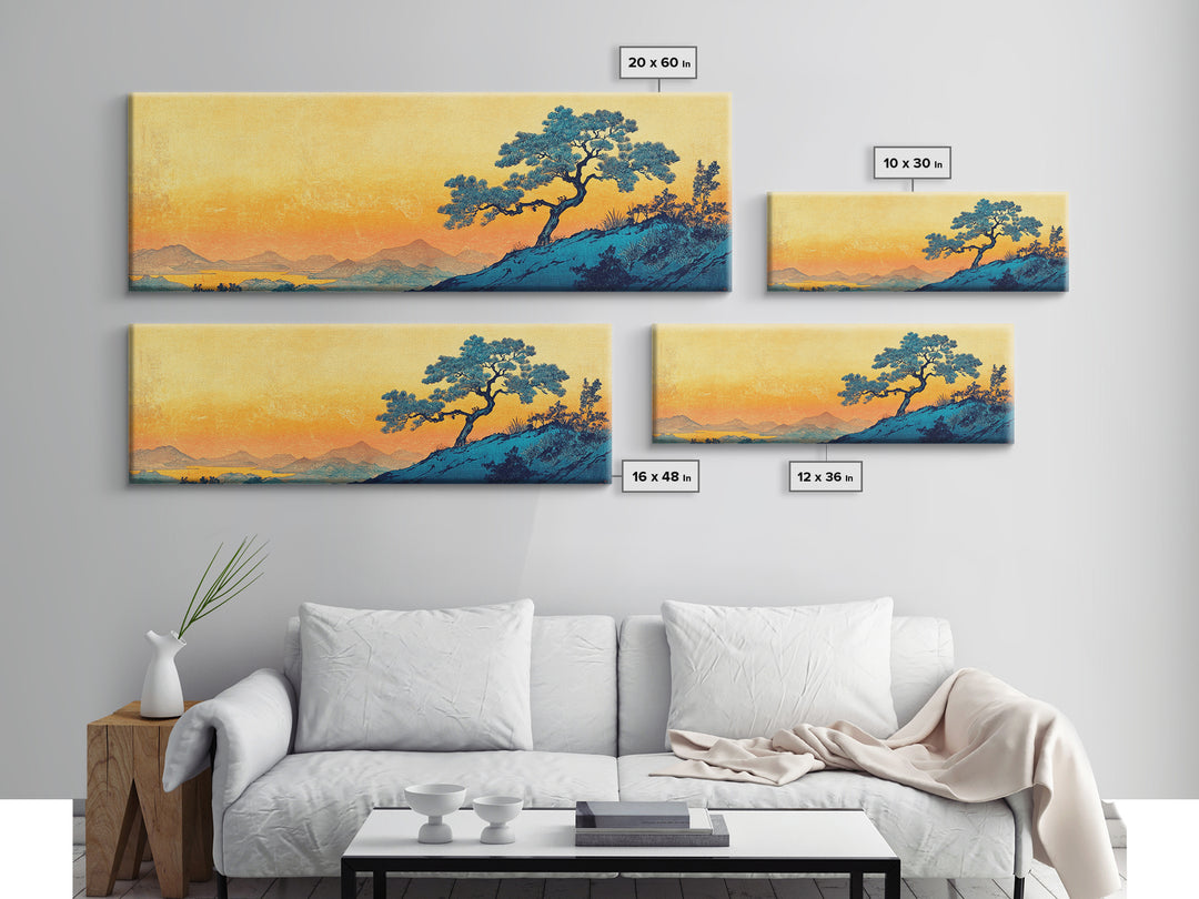 Blue Pine Tree Mountain Landscape Wall Art, Japanese Canvas Print, Serene Nature Decor, Long Horizontal Lake House Wall Decor