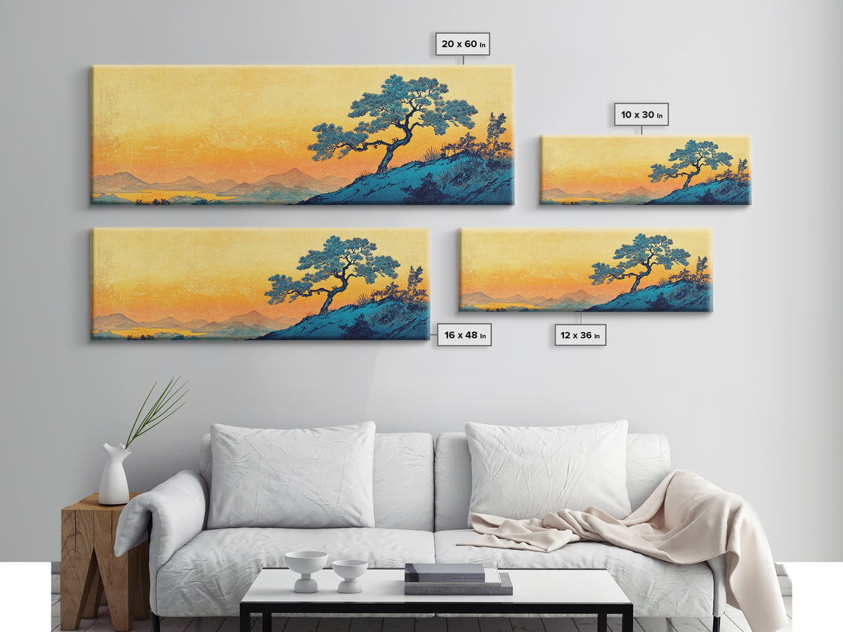 Blue Pine Tree Mountain Landscape Wall Art, Japanese Canvas Print, Serene Nature Decor, Long Horizontal Lake House Wall Decor
