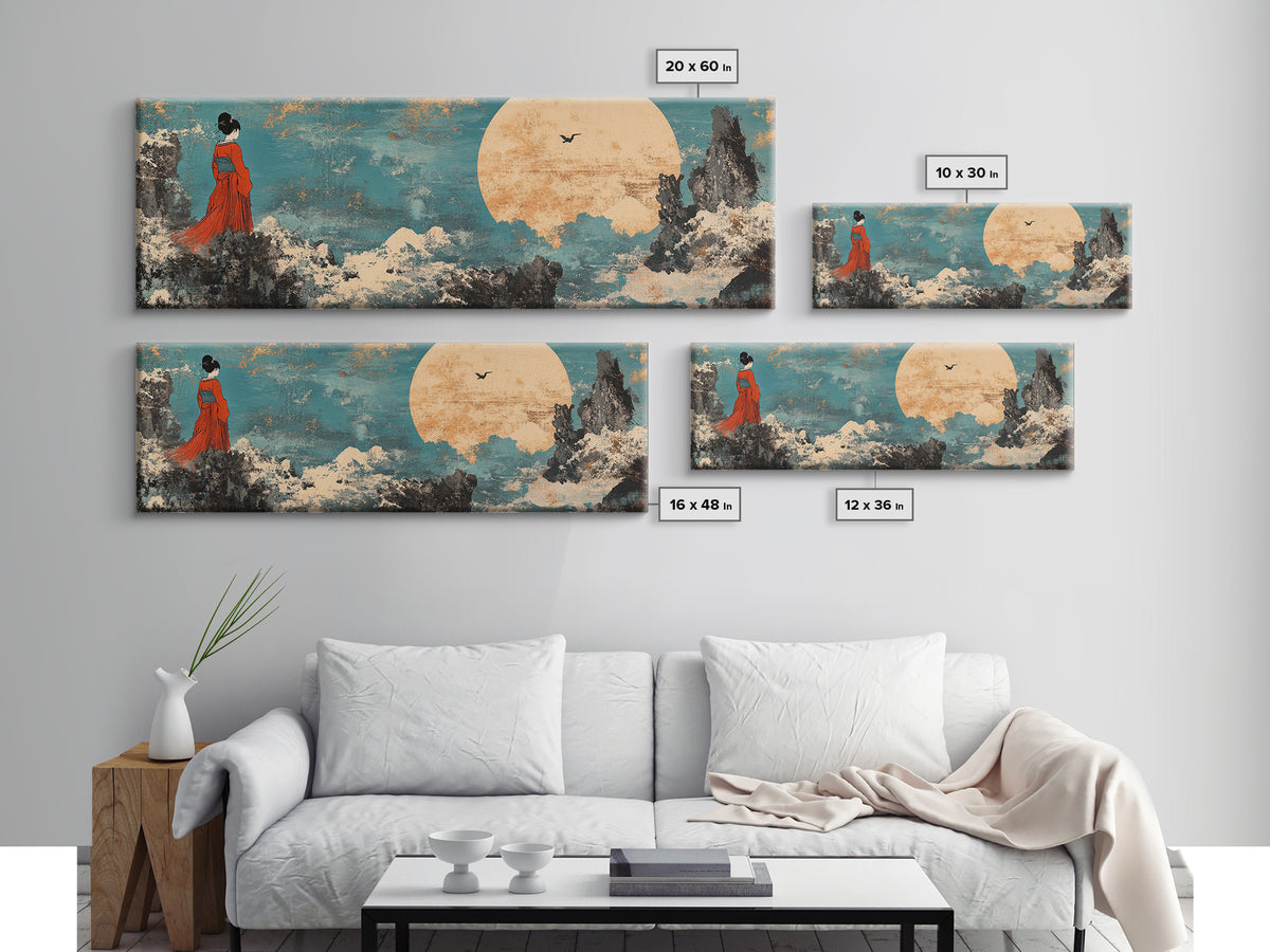 Red Kimono Woman Moon Wall Art, Japanese Landscape Canvas Print, Asian Inspired Decor, Dreamy Japandi Bedroom Art Gift For Her