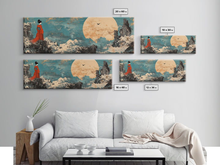 Red Kimono Woman Moon Wall Art, Japanese Landscape Canvas Print, Asian Inspired Decor, Dreamy Japandi Bedroom Art Gift For Her