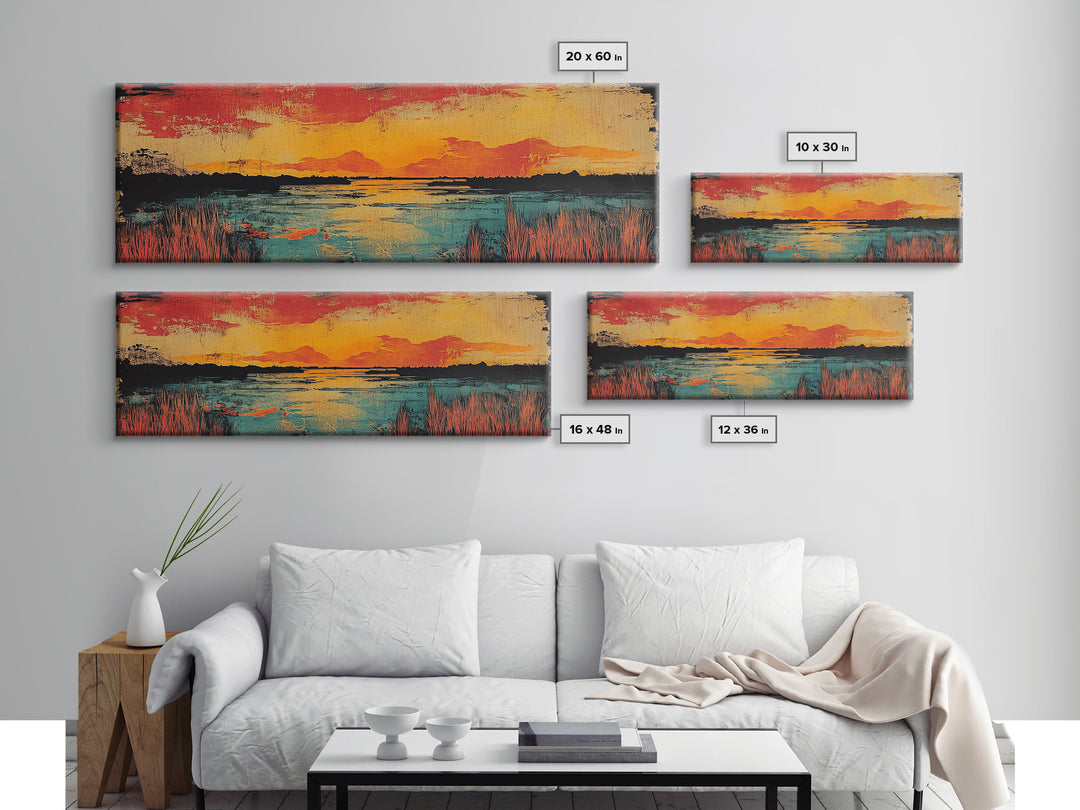 Vibrant Sunset Lake Landscape Wall Art, Marsh Water Canvas Print, Rustic Nature Decor, Large Horizontal Living Room Art Print