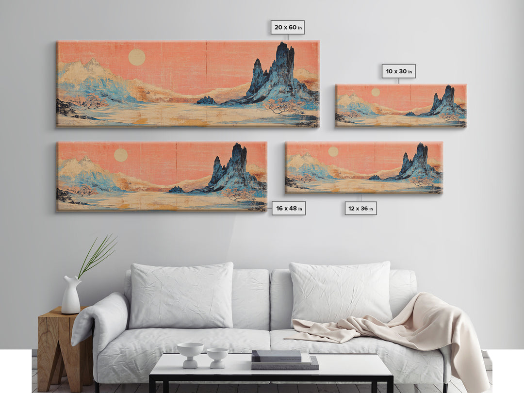 Pastel Desert Mountain Landscape Wall Art, Southwestern Canvas Print, Pink Sky Neutral Decor, Long Horizontal Above Bed Art