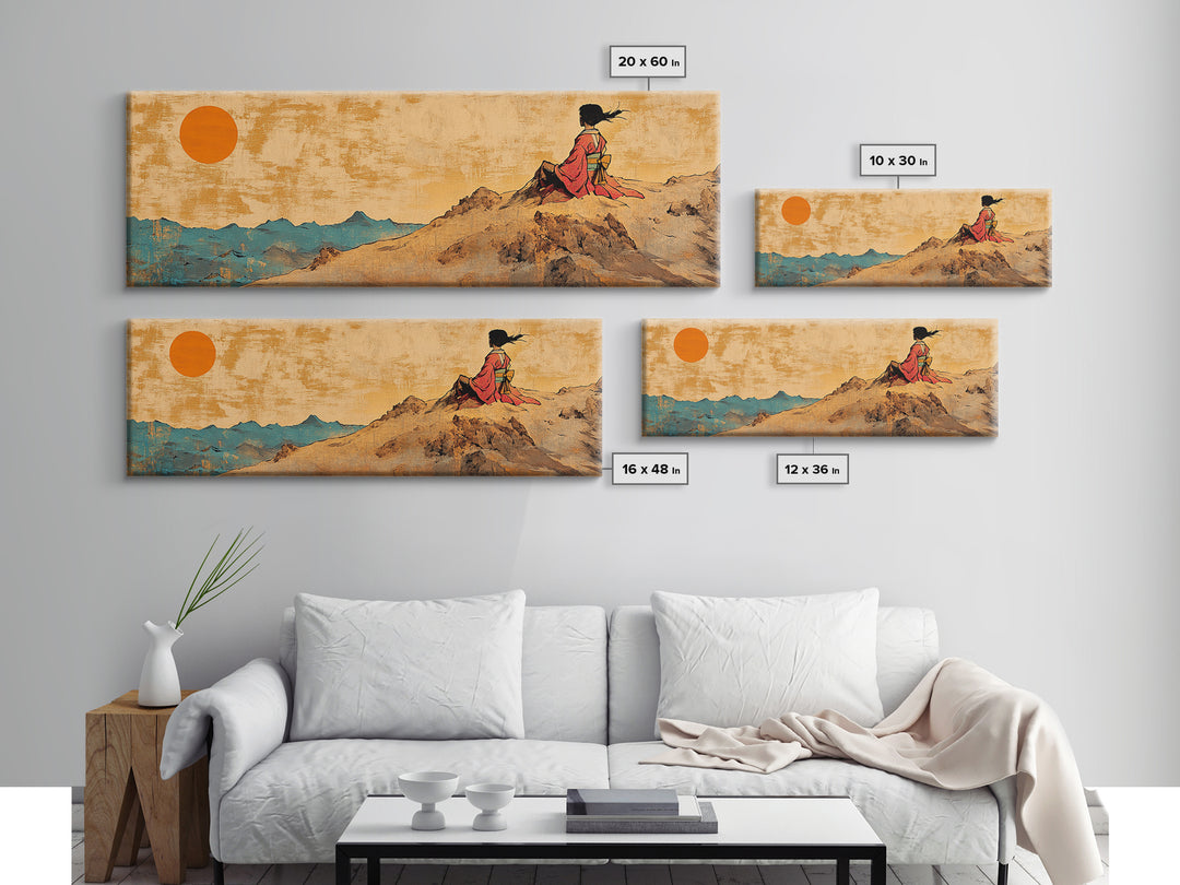 Sunset Woman Cliff Canvas Print, Asian Landscape Wall Art, Warm Desert Mountains, Boho Living Room Decor Housewarming Gift