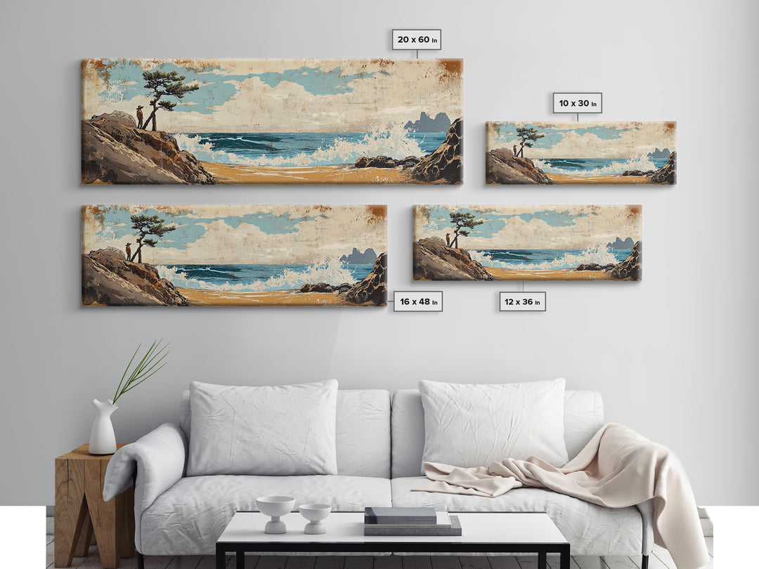 Coastal Lone Pine Beach Canvas Print, Ocean Wave Landscape Wall Art, Rustic Nautical Decor, Large Horizontal Art For Beach House Decor