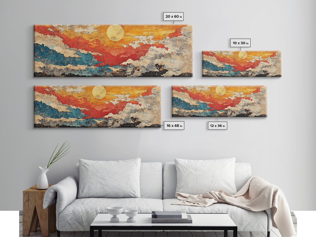 Abstract Red Gold Sunset Canvas Print, Textured Cloudscape Wall Art, Boho Modern Decor, Panoramic Living Room Art, Above Sofa Decor