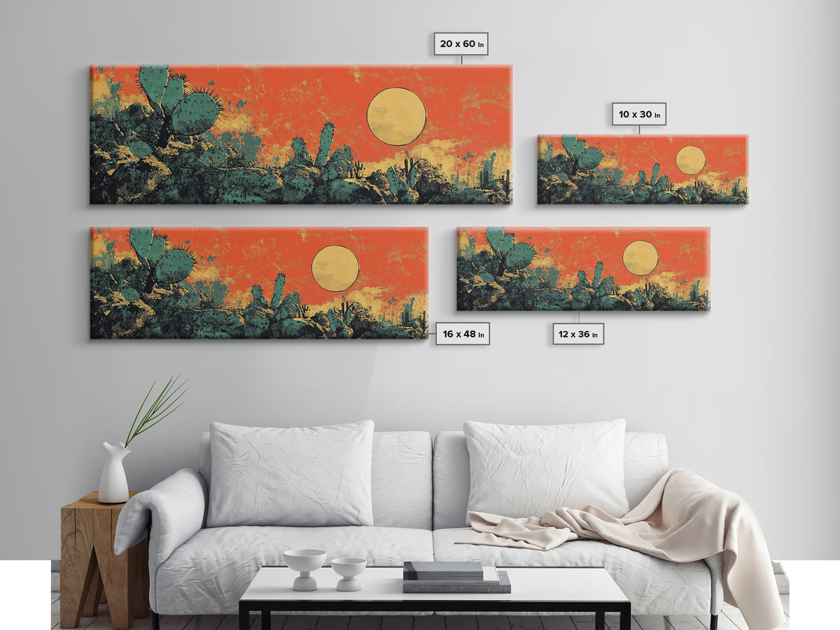 Desert Cactus Sunset Wall Art, Southwestern Landscape Canvas Print, Boho Western Decor, Warm Terracotta Home Decor Gift For Him