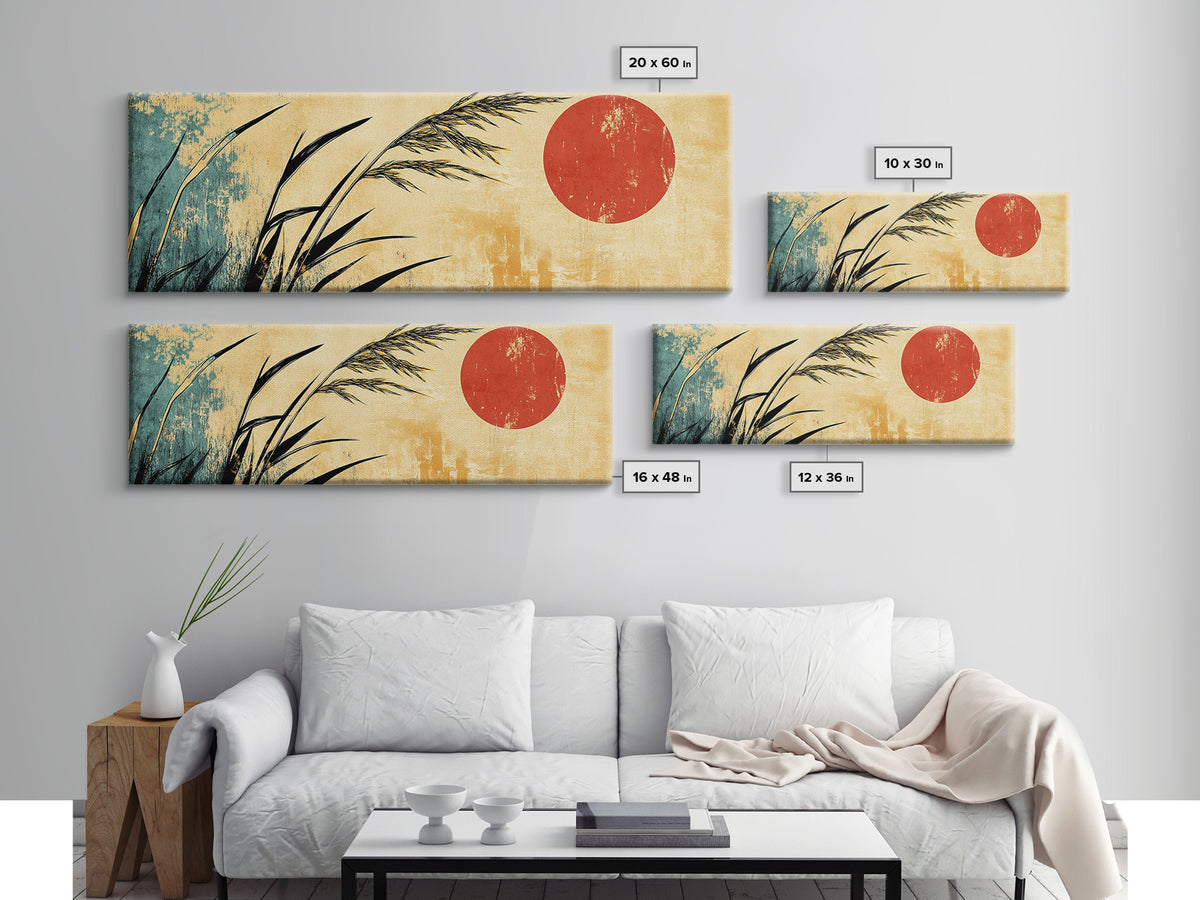 Minimal Reeds And Red Sun Canvas Print, Japanese Wall Art, Zen Home Decor, Japandi Coastal Poster For Calm Living Room Decor