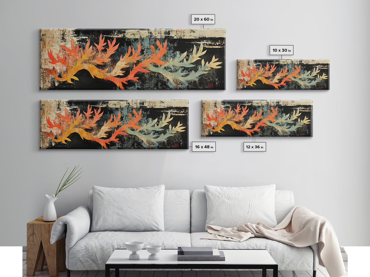 Fiery Coral Branch On Dark Canvas Print, Japanese Ocean Wall Art, Coastal Wall Decor, Nautical Sea Life Statement Art Print