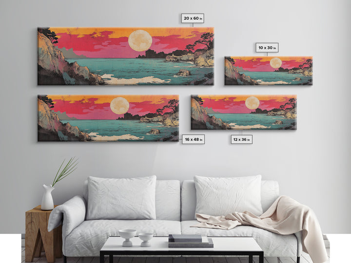 Pink Sunset Over Turquoise Cove Canvas Print, Japanese Coastal Wall Art, Ocean Seascape Decor, Beach House Wall Art Print