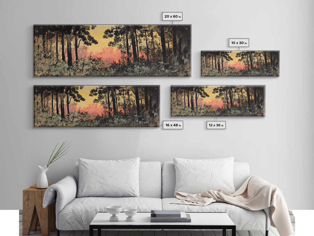 Dark Pine Forest At Pink Sunset Canvas Print, Moody Landscape Wall Art, Nature Wall Decor, Rustic Cabin Decor For Home Gift