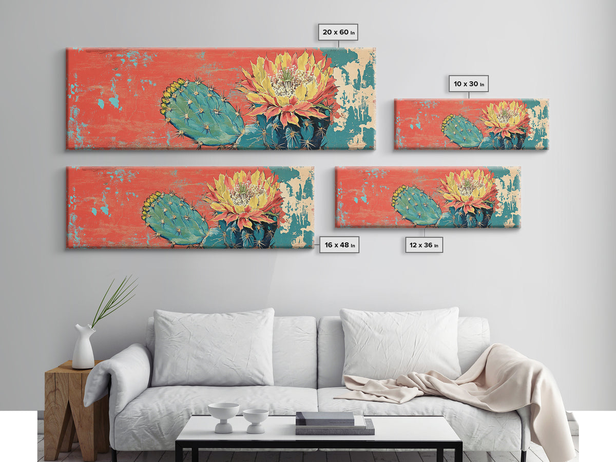 Blooming Desert Cactus On Coral Turquoise Texture Wall Art, Southwestern Canvas Print, Boho Desert Decor, Large Horizontal Art