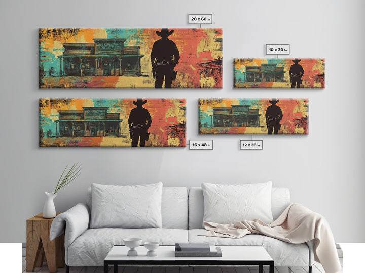 Cowboy Silhouette Beside Old Saloon Wall Art, Western Framed Canvas Print, Rustic Man Cave Decor, Southwest Statement Art