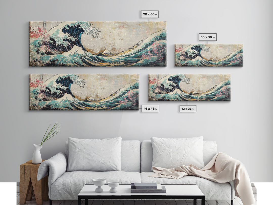 Japanese Great Wave With Soft Pastel Mountains Wall Art, Ukiyo E Framed Canvas Print, Coastal Japandi Decor, Ocean Art Print