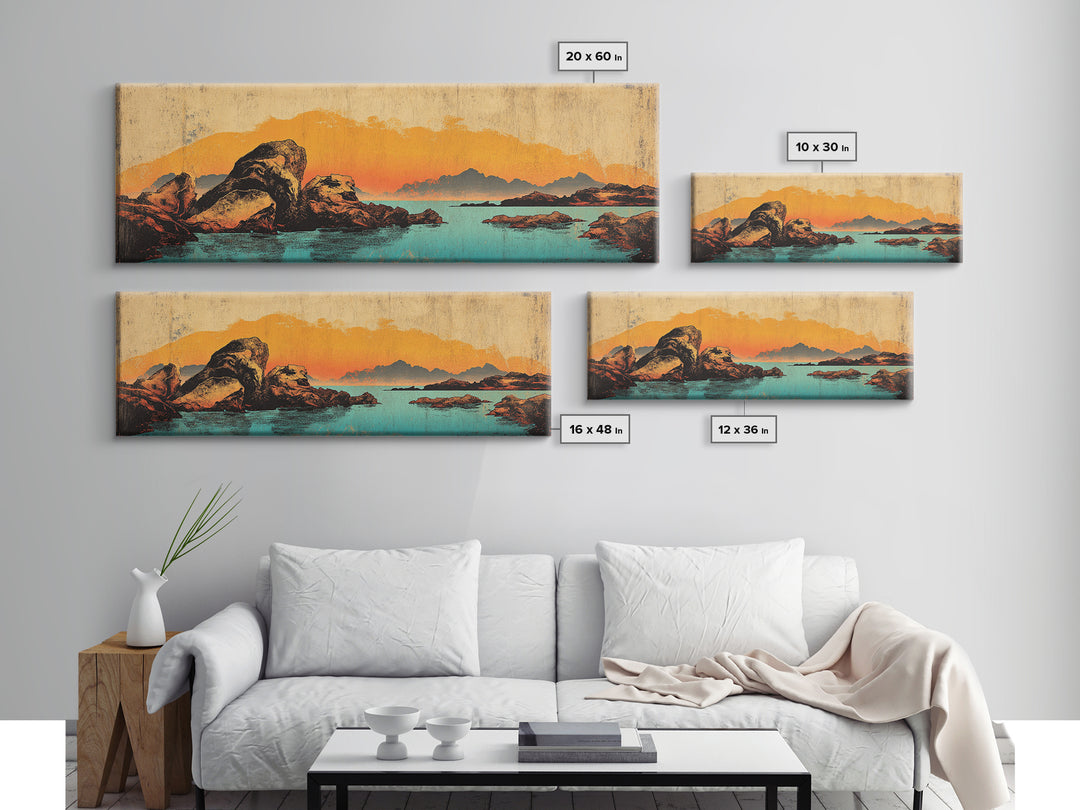 Orange Sunset Mountain Lake With Rocks Wall Art, Southwestern Canvas Print, Rustic Landscape Decor, Large Horizontal Art