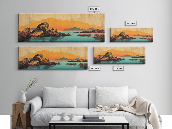 Orange Sunset Mountain Lake With Rocks Wall Art, Southwestern Canvas Print, Rustic Landscape Decor, Large Horizontal Art