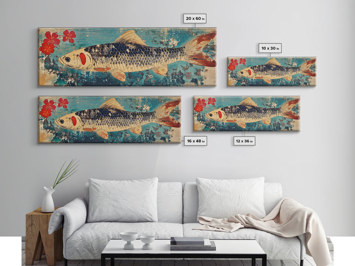 Koi Fish With Red Blossoms On Blue Texture Wall Art, Japanese Framed Canvas Print, Asian Decor, Nature Inspired Art Print
