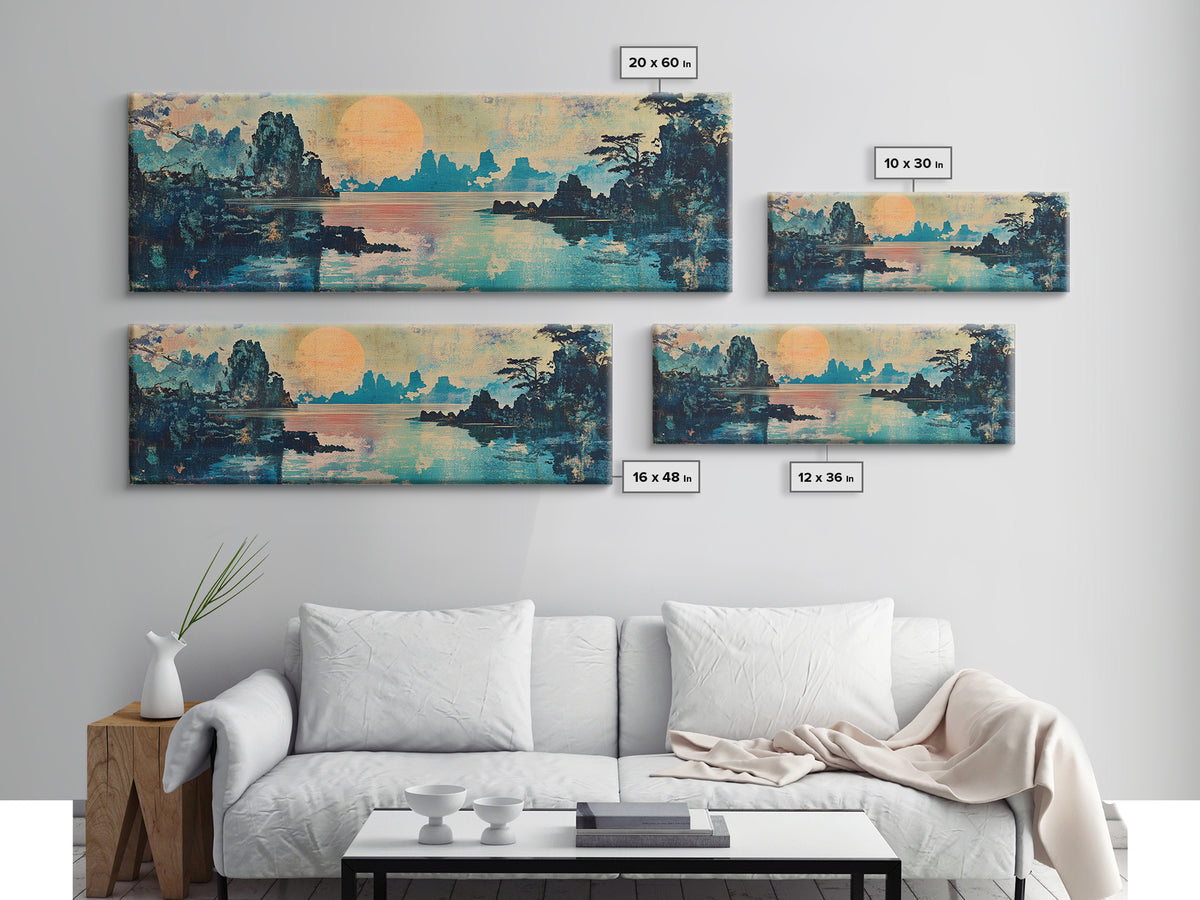 Serene Lake Sunset Framed Canvas Print, Japanese Landscape Wall Art, Coastal Home Decor, Living Room Art, Housewarming Gift