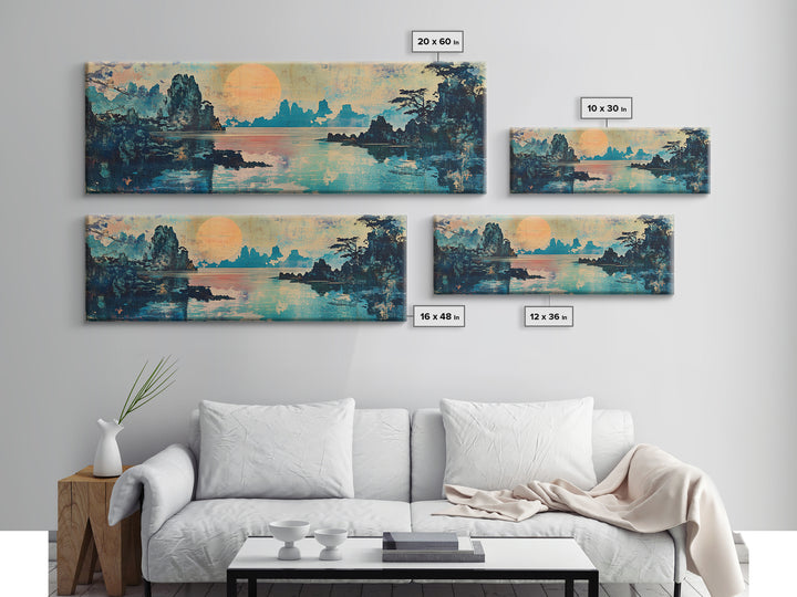 Serene Lake Sunset Framed Canvas Print, Japanese Landscape Wall Art, Coastal Home Decor, Living Room Art, Housewarming Gift