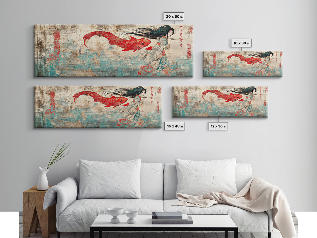 Red Koi Mermaid Wall Art, Asian Fantasy Canvas Print, Japanese Wall Decor, Whimsical Art, Bedroom Decor, Gift For Her, Home Decor