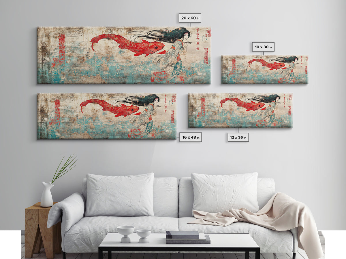 Red Koi Mermaid Wall Art, Asian Fantasy Canvas Print, Japanese Wall Decor, Whimsical Art, Bedroom Decor, Gift For Her, Home Decor