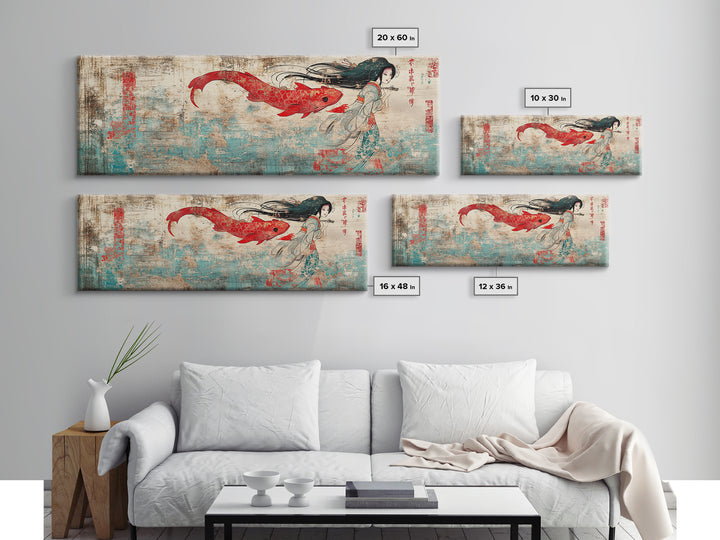 Red Koi Mermaid Wall Art, Asian Fantasy Canvas Print, Japanese Wall Decor, Whimsical Art, Bedroom Decor, Gift For Her, Home Decor