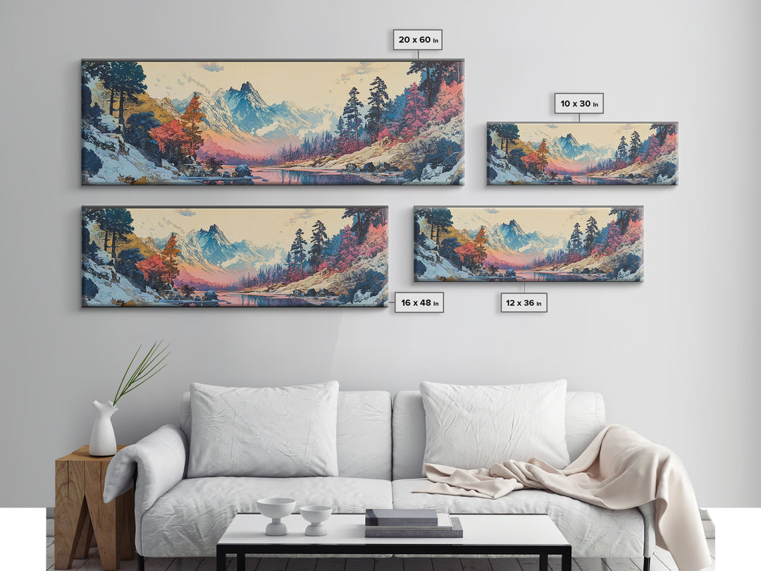 Snowy Mountain River Framed Canvas Print, Japanese Landscape Wall Art, Nature Wall Decor, Cabin Decor, Housewarming Gift