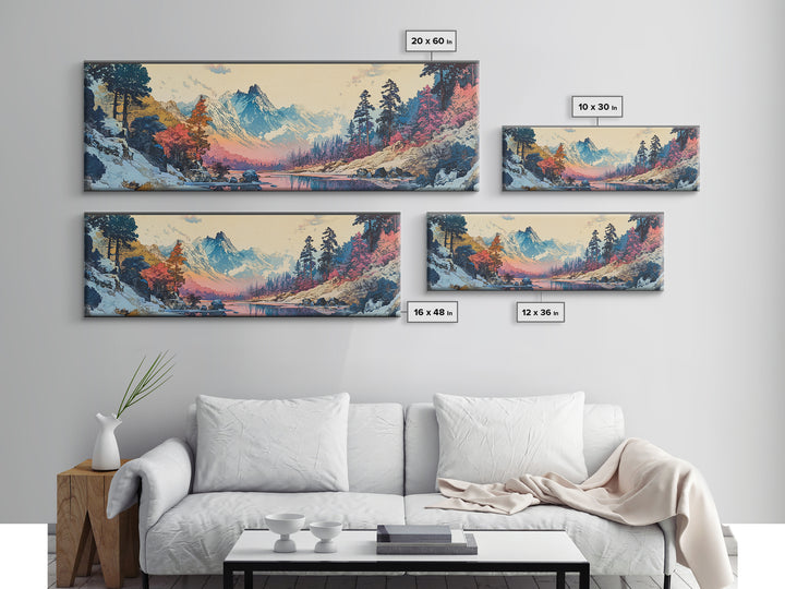 Snowy Mountain River Framed Canvas Print, Japanese Landscape Wall Art, Nature Wall Decor, Cabin Decor, Housewarming Gift