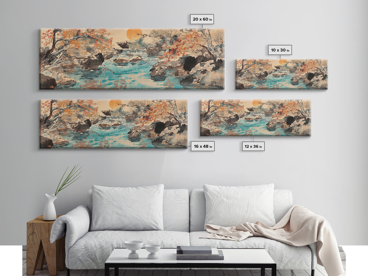 Autumn River Rocks Wall Art, Japanese Landscape Canvas Print, Nature Wall Decor, Rustic Home Decor, Calming Living Room Art