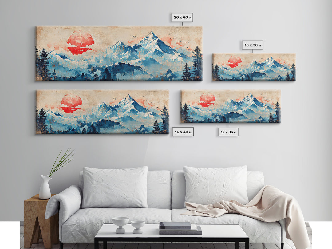 Blue Snowy Mountains And Red Sun Wall Art, Japanese Landscape Canvas Print, Minimalist Decor, Above Bed Art, Home Decor Print